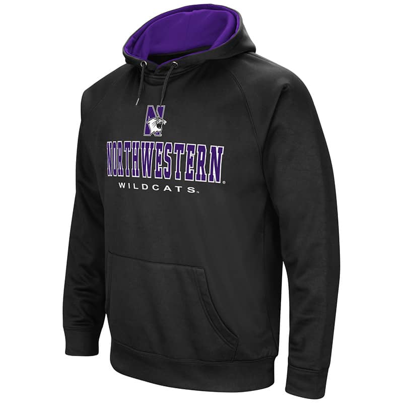 Northwestern University Wildcats Colosseum Men's Black VF Raglan Poly Pullover Hooded Sweatshirt with N-Cat Design