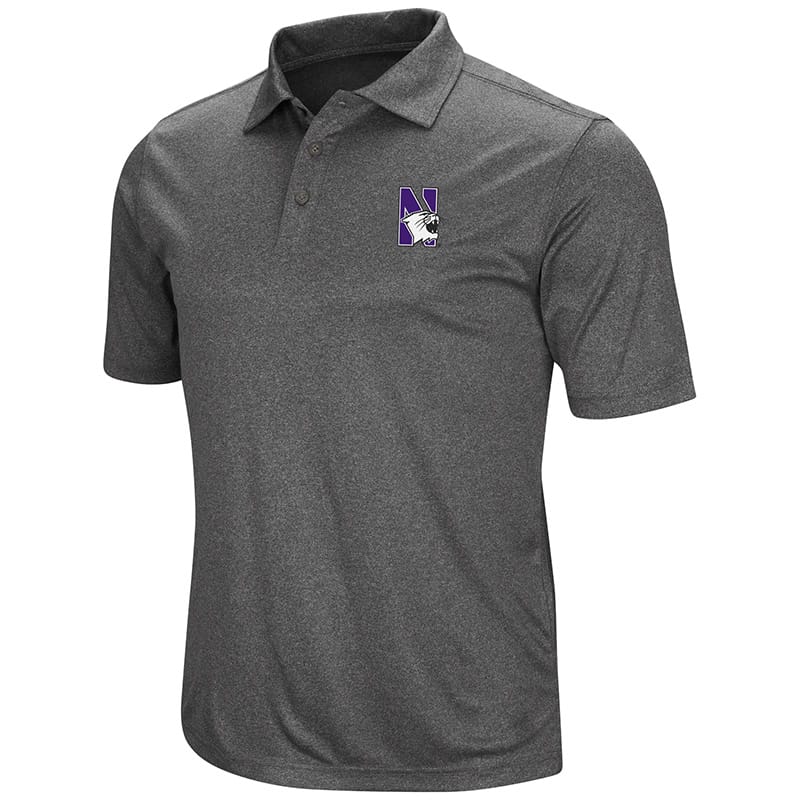 Northwestern University Wildcats Colosseum Mens Heather Charcoal Polo Shirt with N-Cat Design