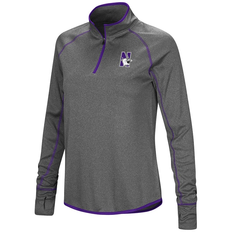 Northwestern University Wildcats Colosseum Ladies Heather Charcoal/Purple Shark 1/4 Zip Pullover with N-Cat Design
