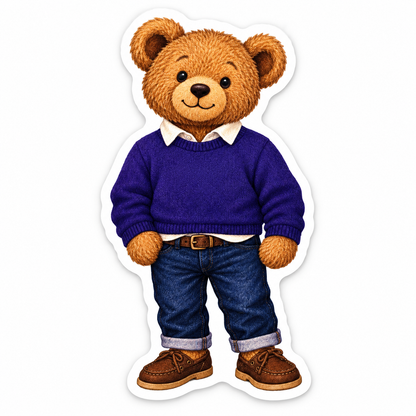 Northwestern University Wildcats teddy bear automotive magnet wearing a purple Northwestern sweatshirt, jeans, and brown shoes.