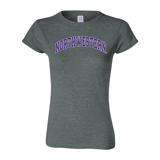 Northwestern University Wildcats Women's MV Softstyle Dark Heather Tee Shirt with Two Color Northwestern Arch Design