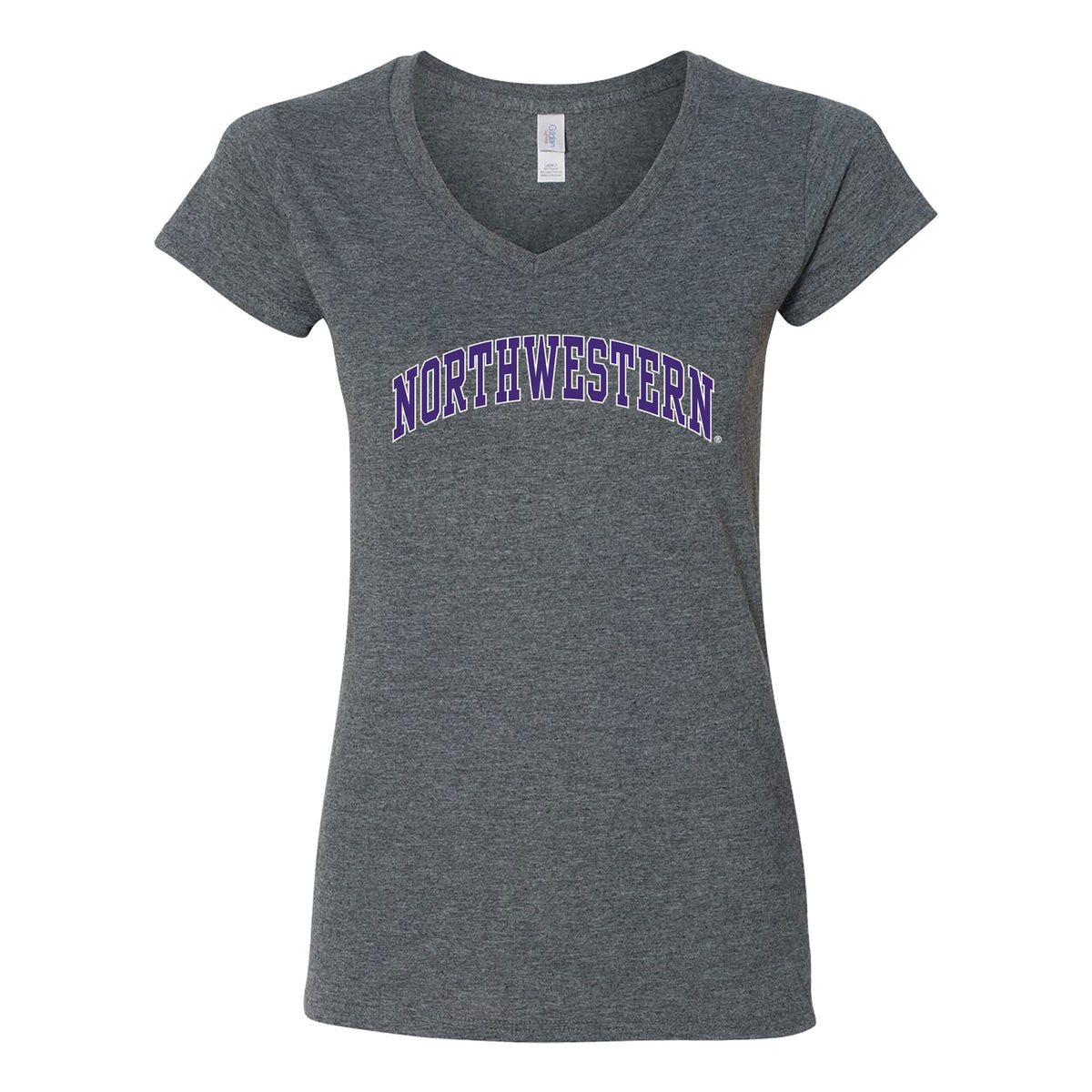 Northwestern University Wildcats Women's MV Softstyle Dark Heather V-Neck Tee Shirt with Two Color Northwestern Arch Design
