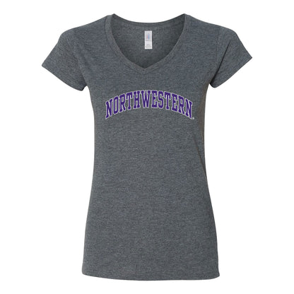 Northwestern University Wildcats Women's MV Softstyle Dark Heather V-Neck Tee Shirt with Two Color Northwestern Arch Design