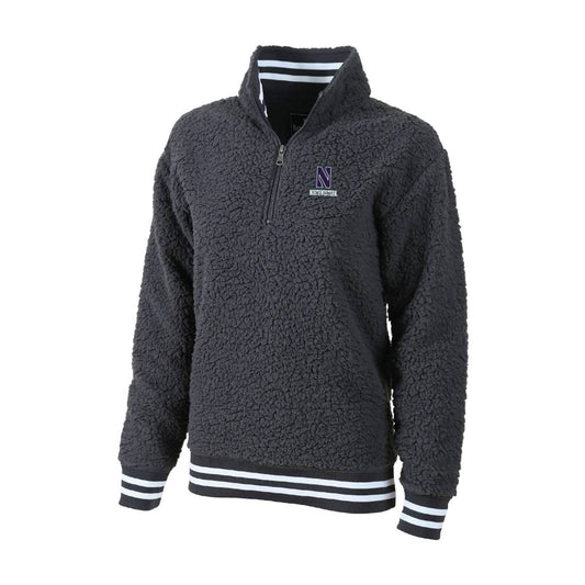 Northwestern University Wildcats Adult Charcoal with Purple Trim Varsity Sherpa Quarter Zip Pullover Jacket by Boxercraft