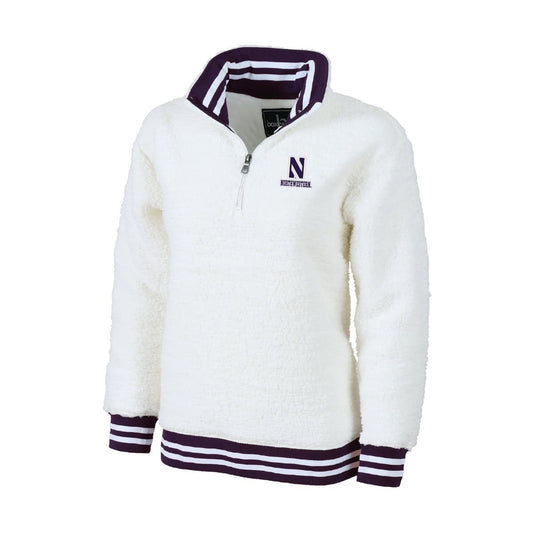 Northwestern University Wildcats Adult Natural White with Purple Trim Varsity Sherpa Quarter Zip Pullover Jacket by Boxercraft