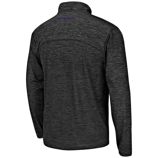 Northwestern University Wildcats Colosseum Men's Heather Black Action Pass L/S 1/4 Zip with N-Cat Design-Back