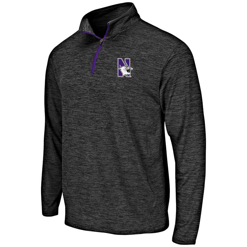 Northwestern University Wildcats Colosseum Men's Heather Black Action Pass L/S 1/4 Zip with N-Cat Design
