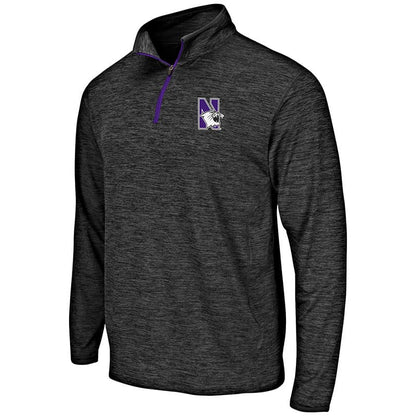 Northwestern University Wildcats Colosseum Men's Heather Black Action Pass L/S 1/4 Zip with N-Cat Design
