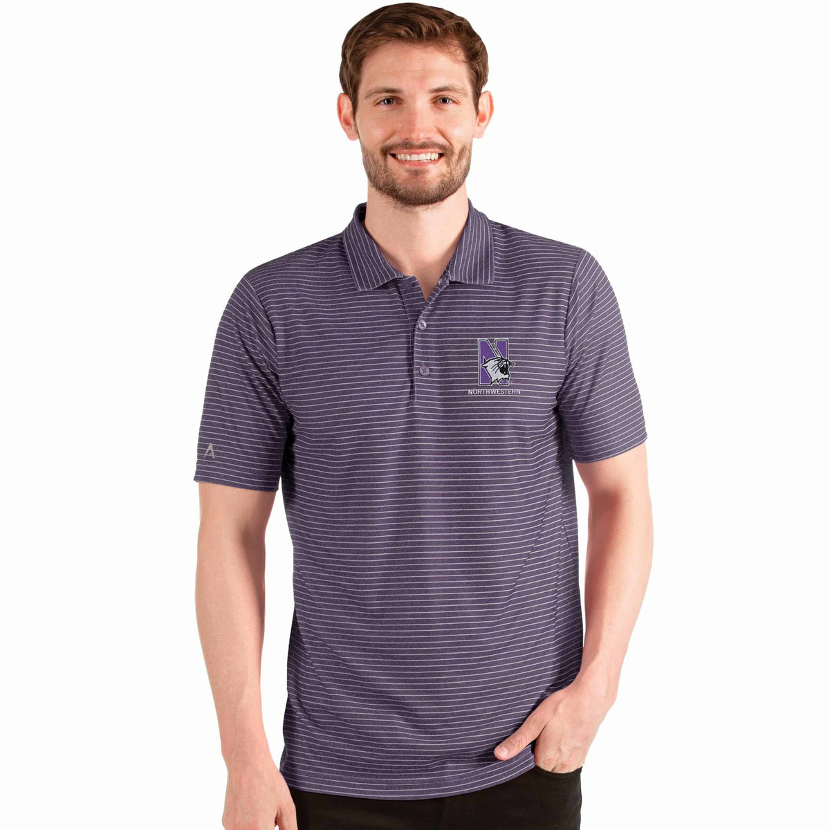 Northwestern University Wildcats Men's Antigua Esteem Polo Shirt in Dark Purple Heather/White with N-Cat Design