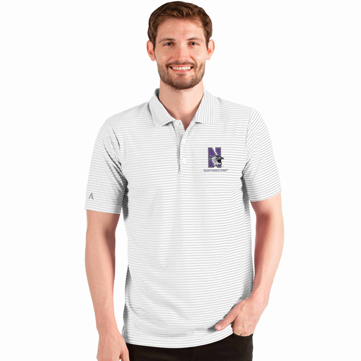 Northwestern University Wildcats Men's Antigua Esteem Polo Shirt in White/Silver with N-Cat Design