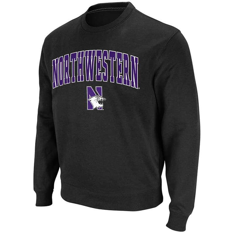 Northwestern University Wildcats Men's Black Colosseum Crewneck Sweatshirt With Sewn Arched Northwestern Over N-Cat Design