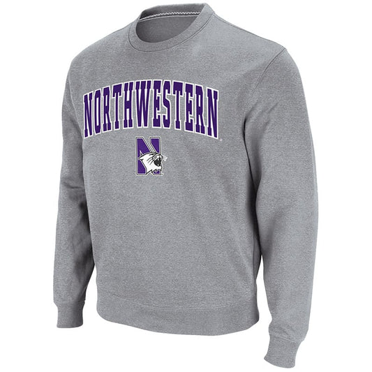 Northwestern University Wildcats Men's Heather Grey Colosseum Crewneck Sweatshirt With Sewn Arched Northwestern Over N-Cat Design