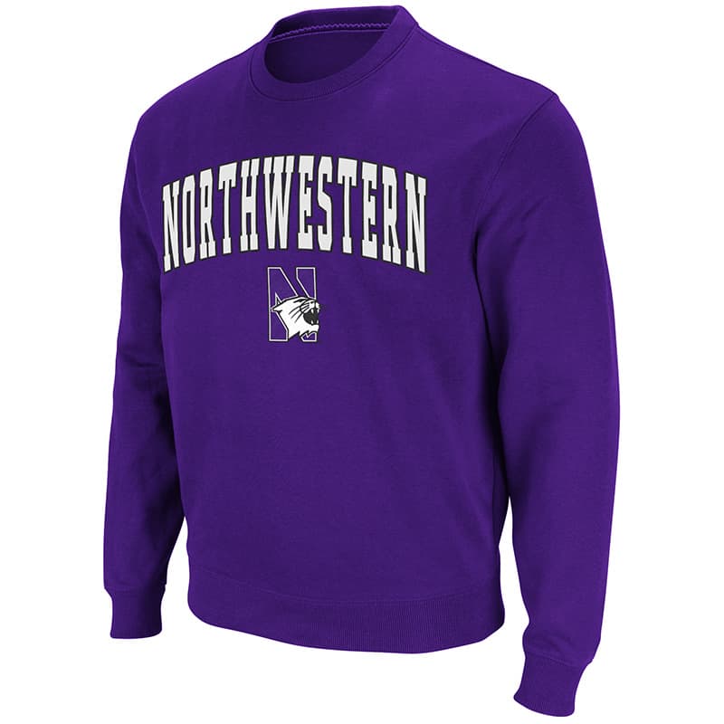 Northwestern University Wildcats Men's Purple Colosseum Crewneck Sweatshirt With Sewn Arched Northwestern Over N-Cat Design