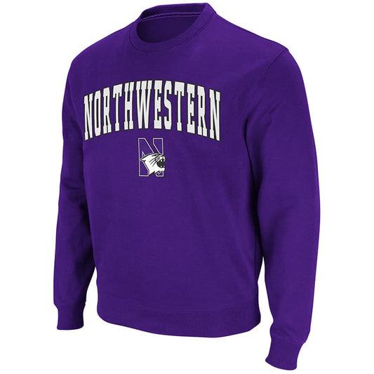 Northwestern University Wildcats Men's Purple Colosseum Crewneck Sweatshirt With Sewn Arched Northwestern Over N-Cat Design
