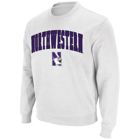 Northwestern University Wildcats Men's White Colosseum Crewneck Sweatshirt With Sewn Arched Northwestern Over N-Cat Design