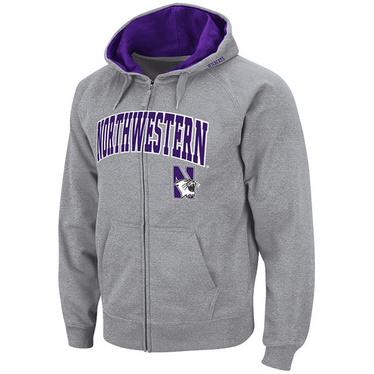 Northwestern University Wildcats Colosseum Men's Grey VF Full Zip Hooded Sweatshirt with Arch & N-Cat Design