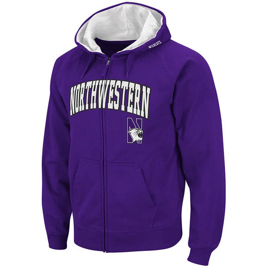 Northwestern University Wildcats Colosseum Men's Purple VF Full Zip Hooded Sweatshirt with Arch & N-Cat Design