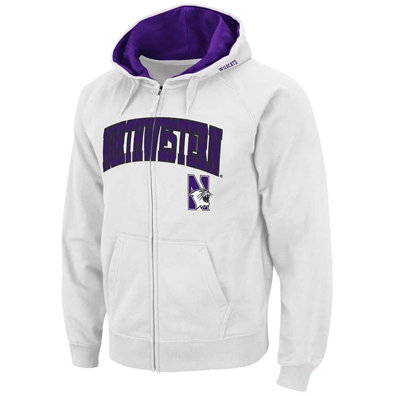 Northwestern University Wildcats Colosseum Men's White VF Full Zip Hooded Sweatshirt with Arch & N-Cat Design
