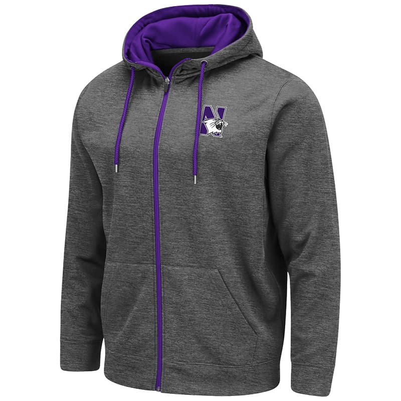 Northwestern University Wildcats Colosseum Men's Charcoal VF Poly Slub Fleece F-Z Hoodie With N-Cat Design
