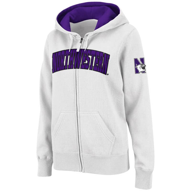 Northwestern University Wildcats Colosseum Men's White VF Full Zip Hooded Sweatshirt with Arched Northwestern Design