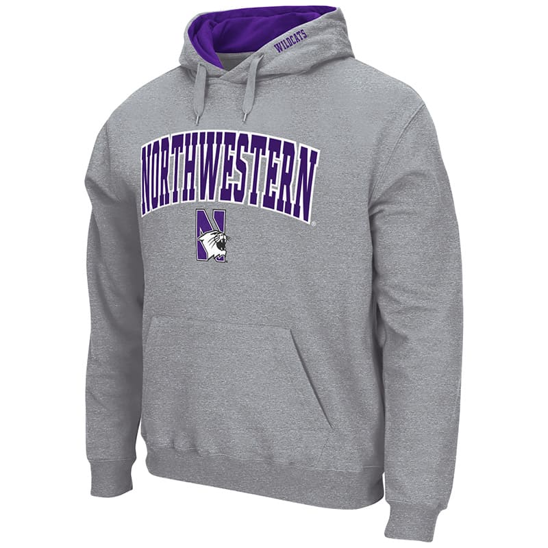Northwestern University Wildcats Colosseum Men's Grey VF Pullover Hooded Sweatshirt with Arch & N-Cat Design
