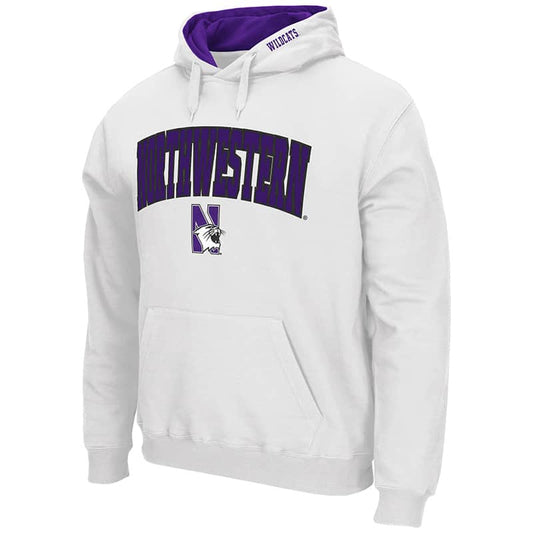 Northwestern University Wildcats Colosseum Men's White VF Pullover Hooded Sweatshirt with Arch & N-Cat Design