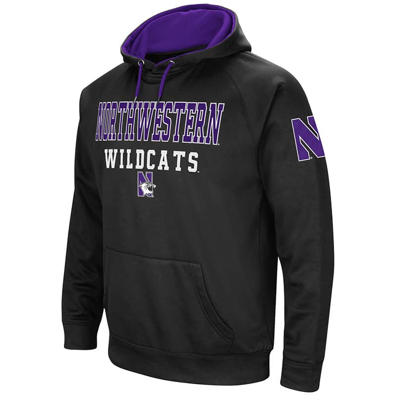 Northwestern University Wildcats Colosseum Men's Black VF Poly Fleece Raglan Hooded Sweatshirt with N-Cat Design