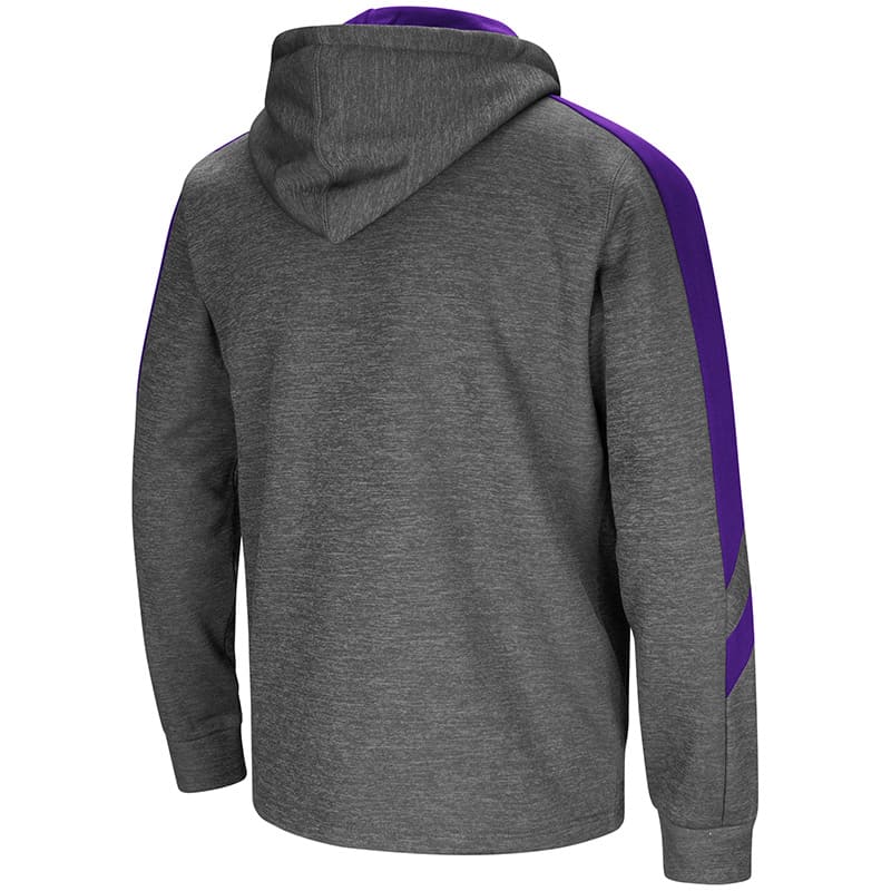 Northwestern University Wildcats Colosseum Men's Heather Charcoal Body/Purple Insert Lawrence 1/4 Zip Hooded Sweatshirt with N-Cat Design-Back