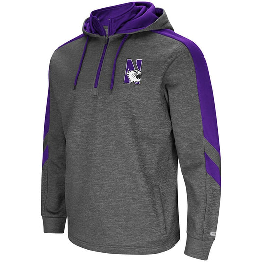 Northwestern University Wildcats Colosseum Men's Heather Charcoal Body/Purple Insert Lawrence 1/4 Zip Hooded Sweatshirt with N-Cat Design