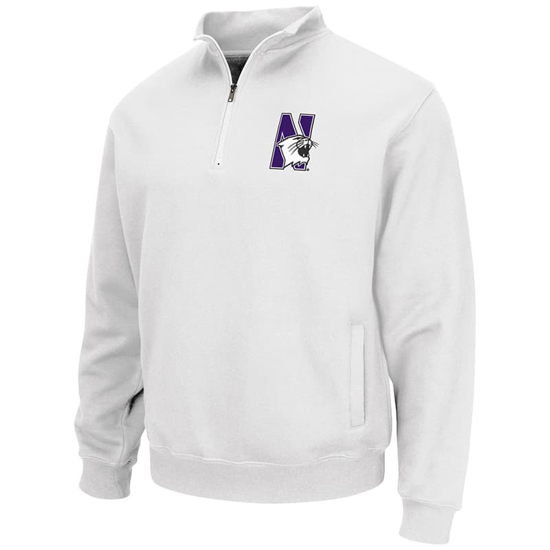 Northwestern University Wildcats Colosseum Men's White VF 1/4 Zip Sweatshirt with N-Cat Design