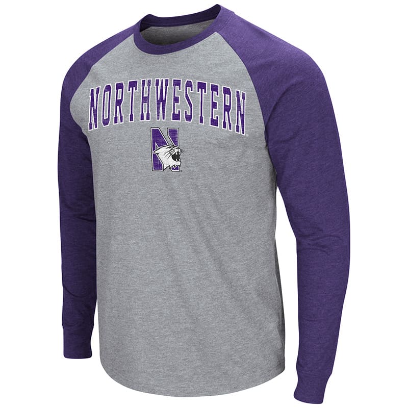 Northwestern University Wildcats Colosseum Men's Heather Grey/Purple Raglan L/S T-Shirt with Arched Northwestern & N-Cat Design