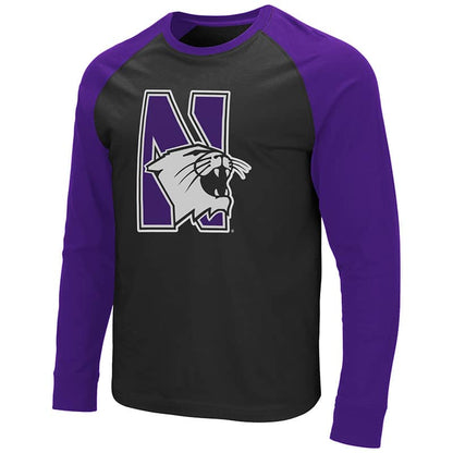 Northwestern University Wildcats Colosseum Men's Black/Purple Raglan Baseball L/S T-Shirt with Stylized N-Cat Design