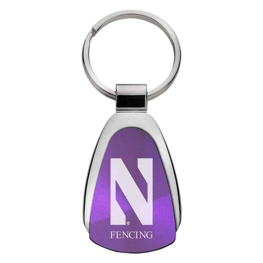 Northwestern University Wildcats Laser Engraved Purple Teardrop Keychain with Stylized N & Fencing Design