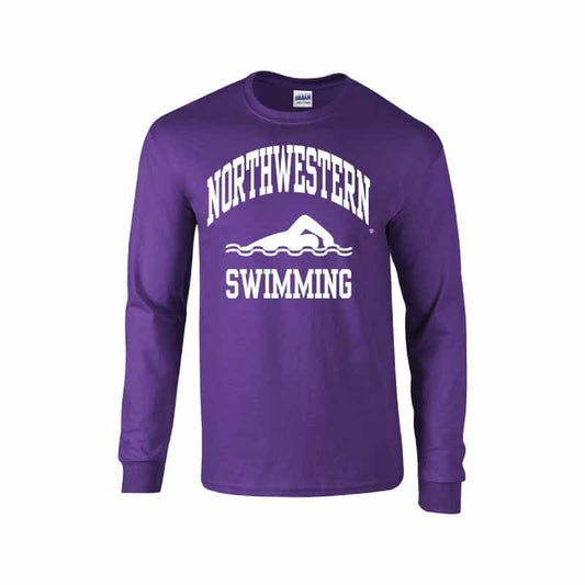 Northwestern University Wildcats Purple Long Sleeve Tee Shirt with Swimming Design