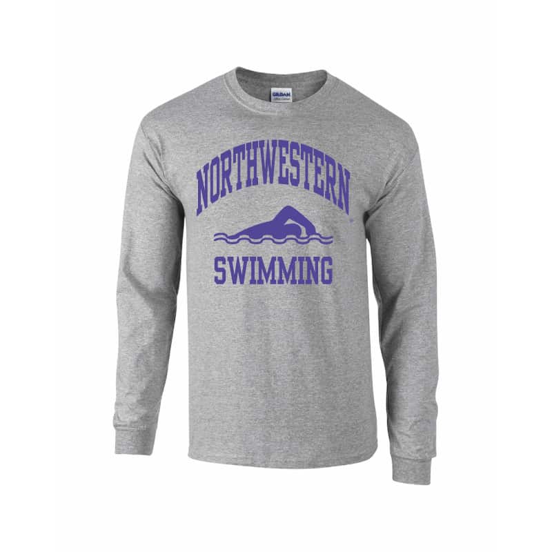 Northwestern University Wildcats Grey Long Sleeve Tee Shirt with Swimming Design