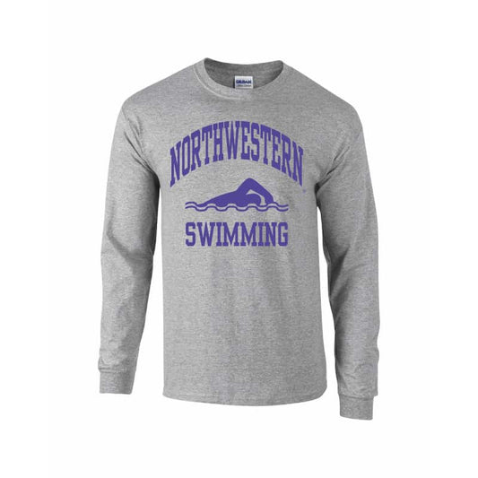 Northwestern University Wildcats Grey Long Sleeve Tee Shirt with Swimming Design