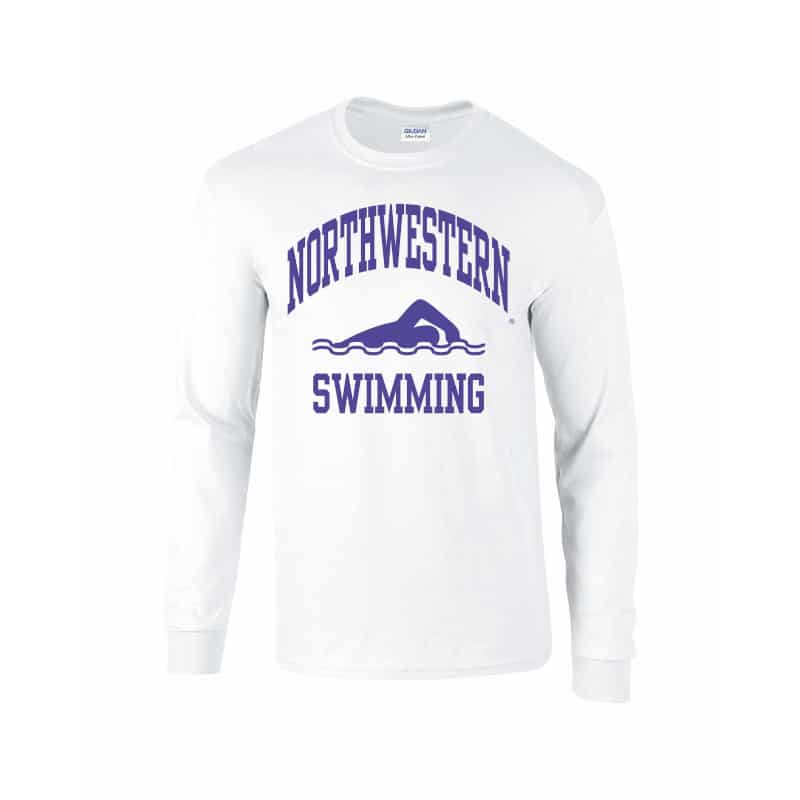 Northwestern University Wildcats White Long Sleeve Tee Shirt with Swimming Design