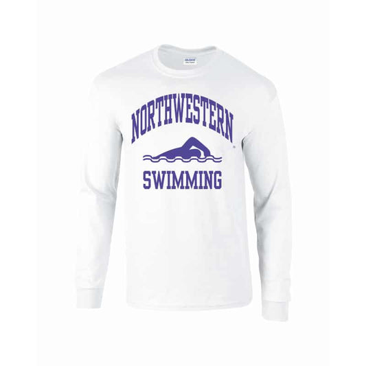 Northwestern University Wildcats White Long Sleeve Tee Shirt with Swimming Design