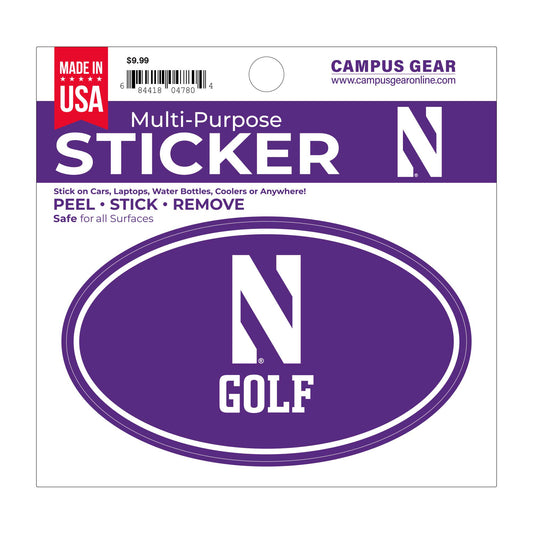 Northwestern University Wildcats Full Color Outside Application 3"X5" Oval Multi-Purpose Sticker with N & Golf Design