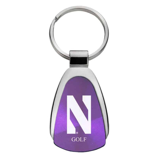 Northwestern University Wildcats Laser Engraved Purple Teardrop Keychain with Stylized N & Golf Design