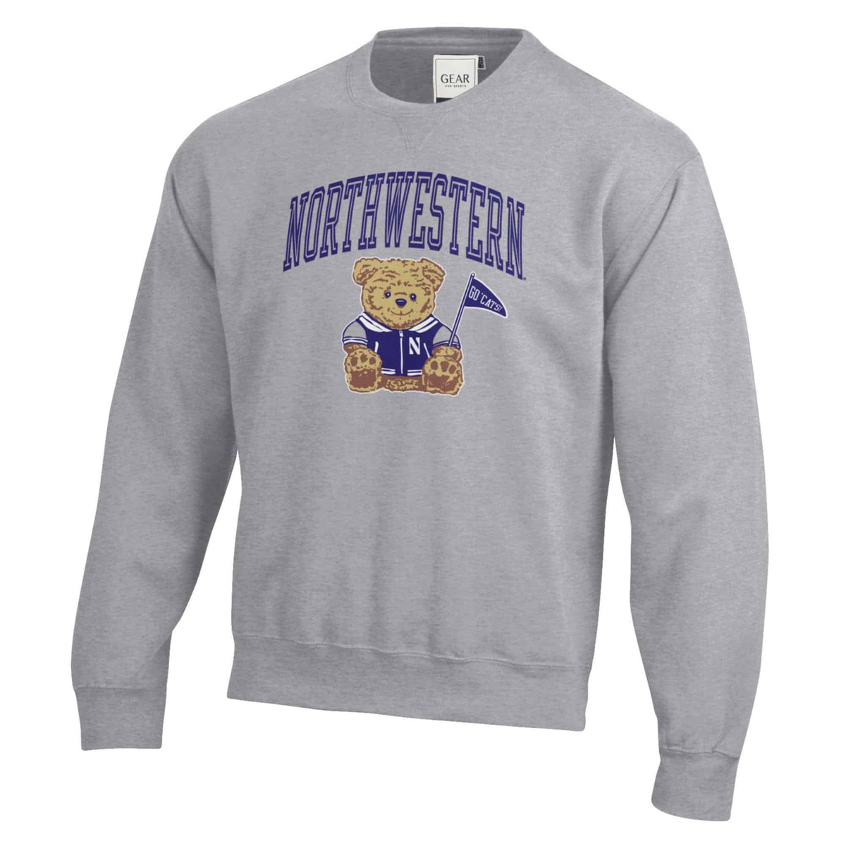 Northwestern University Wildcats Men's Grey Crewneck Sweatshirt with Sitting Bear Design