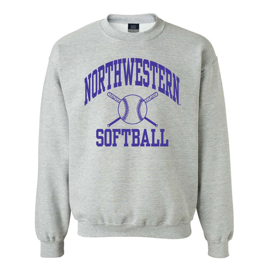 Northwestern University Wildcats Sport Grey Crewneck Sweatshirt with Softball Design