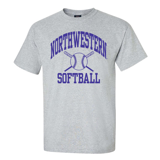 Northwestern University Wildcats Grey Short Sleeve Tee Shirt with Softball Design