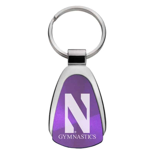Northwestern University Wildcats Laser Engraved Purple Teardrop Keychain with Stylized N & Gymnastics Design