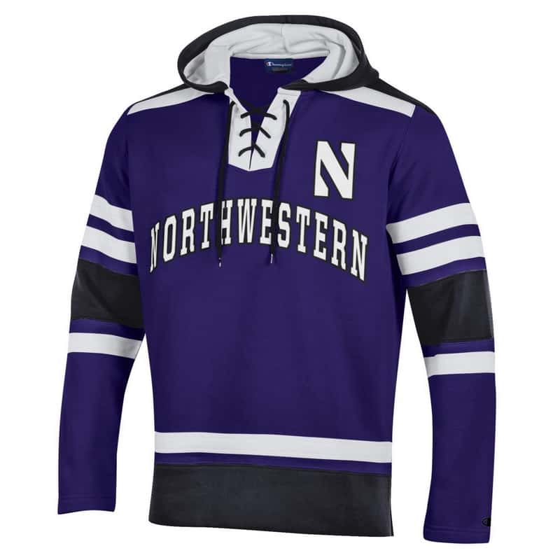 Northwestern University Wildcats Champion Men's Purple Pullover Hockey Hooded Sweatshirt with Arch & Stylized N Design