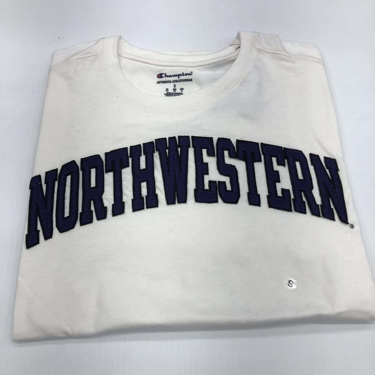 Northwestern University Wildcats Men's White Short Sleeve Tee Shirt with Vintage Appliqué Arched Northwestern Design