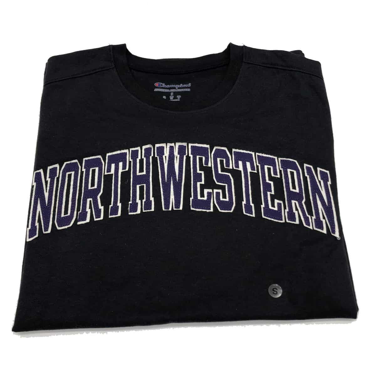 Northwestern University Wildcats Men's Black Short Sleeve Tee Shirt with Vintage Appliqué Arched Northwestern Design -2