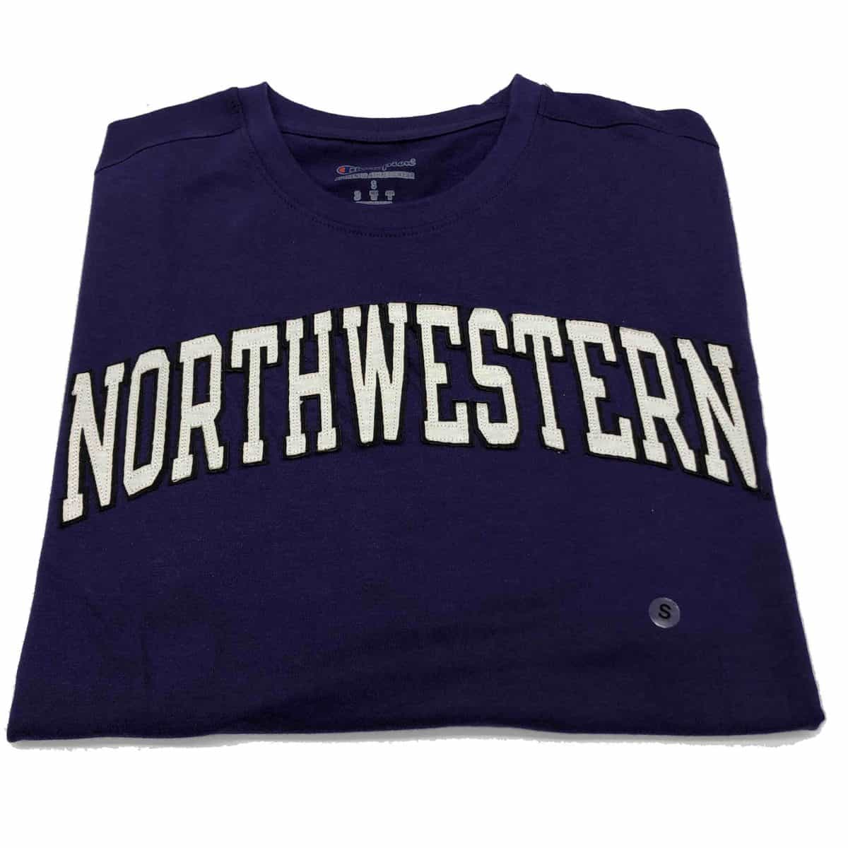 Northwestern University Wildcats Men's Purple Short Sleeve Tee Shirt with Vintage Appliqué Arched Northwestern Design