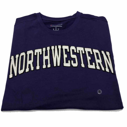 Northwestern University Wildcats Men's Purple Short Sleeve Tee Shirt with Vintage Appliqué Arched Northwestern Design