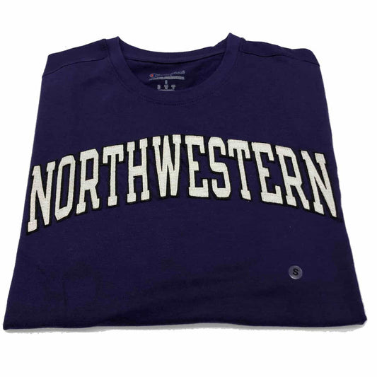 Northwestern University Wildcats Men's Purple Short Sleeve Tee Shirt with Vintage Appliqué Arched Northwestern Design